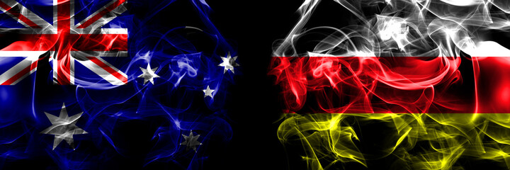 Flags of Australia, Australian vs Russia, Russian, North Ossetia. Smoke flag placed side by side on black background