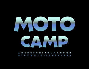 Vector modern template Moto Bike. Blue metallic Alphabet Letters and Numbers. Glossy trendy Font