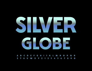 Vector stylish Sign Silver Globe. Unique Metallic Font. Artistic Alphabet Letters and Numbers set