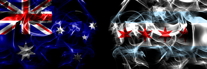Flags of Australia, Australian vs United States of America, America, US, USA, American, Chicago, Illinois. Smoke flag placed side by side on black background