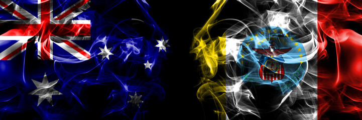 Flags of Australia, Australian vs United States of America, America, US, USA, American, Columbus, Ohio. Smoke flag placed side by side on black background