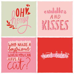 Set of cute social media resources or greeting cards designs with Valentine's Day lettering inspirational quotes