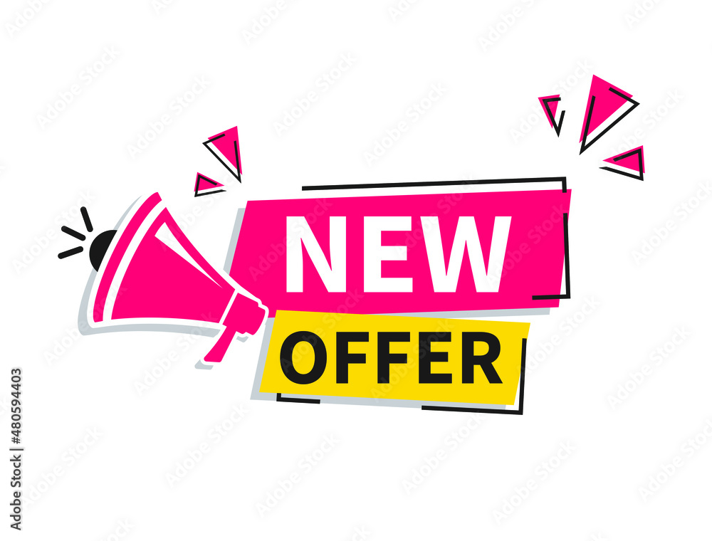 Poster modern vector banner ribbon new offer with megaphone. web element.