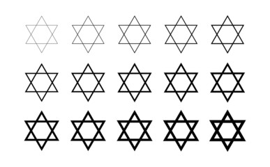 A set of Star of David, different thicknesses. Six-pointed star, hexagram. Seal of King Solomon. Symbol of Israel. Isolated raster illustration on white background.