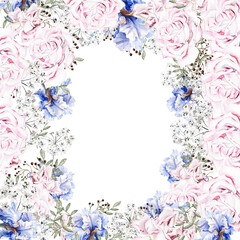 Beautiful watercolor card with roses and iris flowers.