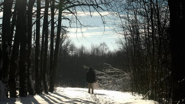 Young man artist Pavel with drawing "cycloid" in right hand, walking in a winter forest, among the tall trees. Date of shooting day 8 January 2022 year, MSK time. Video was filmed in Russia.