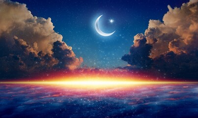 Fototapeta na wymiar Ramadan background with bright crescent, stars and glowing horizon