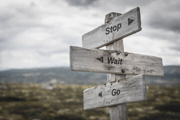 stop wait go text on wooden sign outdoors.