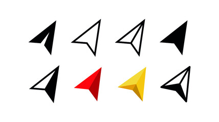 Collection of cursor icons, arrow. Navigator pointer, location point. Direction symbol, triangular arrow. Isolated vector illustration on white background.
