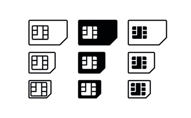 SIM card icons set. Subscriber Identification Module. Micro card for phone. Nano card for mobile communication. Isolated vector illustration on white background.