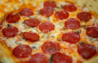 Pizza close up. Fresh homemade Italian pizza Margherita with mozzarella and basil
