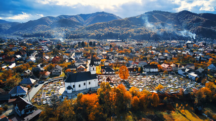 Aerial drone view of Viseu de Sus, Romania - obrazy, fototapety, plakaty