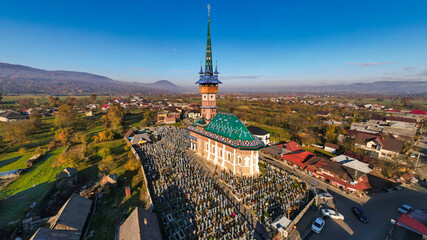 Aerial drone panoramic view of The Merry Cemetery in Sapanta, Romania