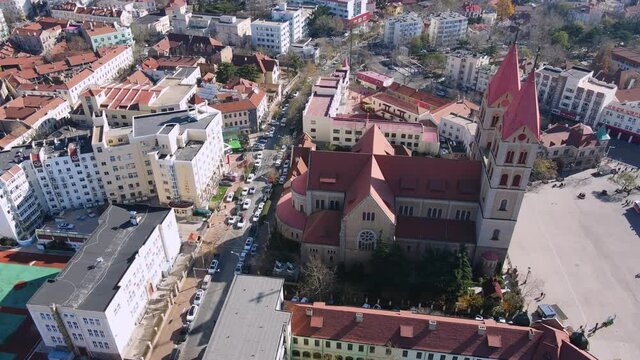 Aerial photography close-up of the Catholic Church in downtown Qingdao