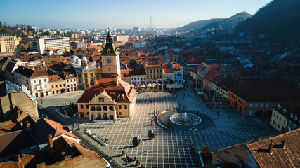 Fototapeta na wymiar Aerial drone view of The Council Square in Brasov, Romania