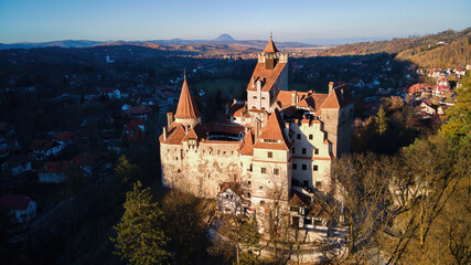 Fototapeta premium Aerial drone view of The Bran Castle in Romania