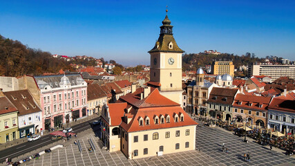 Obraz premium Aerial drone view of The Council Square in Brasov, Romania
