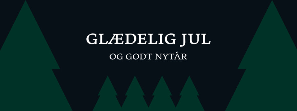 Julekort p&aring; en m&oslash;rkebl&aring; baggrund. Gl&aelig;delig jul tekst med juletr&aelig;er, Vector