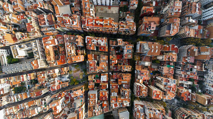 Aerial drone vertical view of Barcelona, Spain