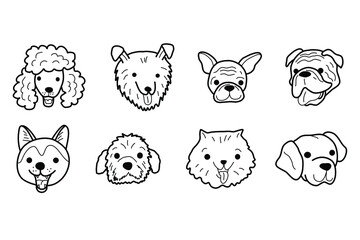 Dog face doodle. Dog breeds hand drawn. Pomeranian, labrador, collie, sheltie, bulldog, poodle, akita, husky head. Stock vector vet illustration on a white background.