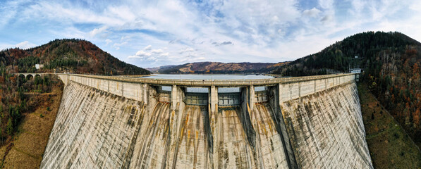 Aerial drone panoramic view of Bicaz lake and dam in Romania