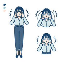 オープンカラーシャツを着た若い女性が大声で警告しているイラスト