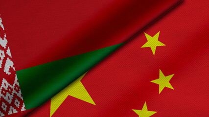 3D Rendering of two flags from Republic of Belarus and China with fabric texture, bilateral relations, peace and conflict between countries, great for background