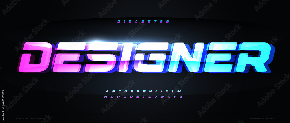 Poster electronic glow color letters with cyber distortion effect. bright light font for futuristic tech de