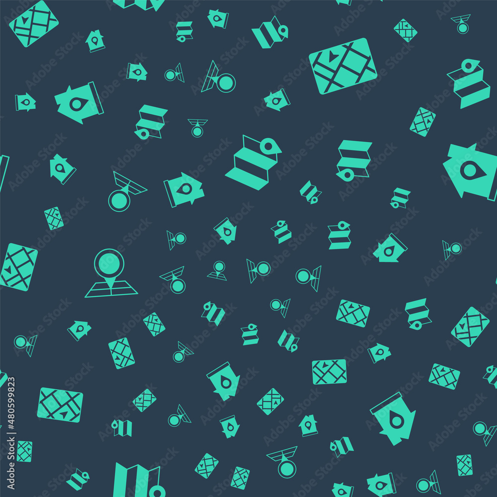 Poster set folded map with location marker, gps device, and location house on seamless pattern. vector