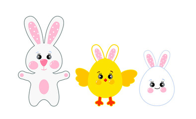 Cute bunny, Easter rabbit, chicken and chick egg. Fashionable children's vector. Easter illustration, invitation design.