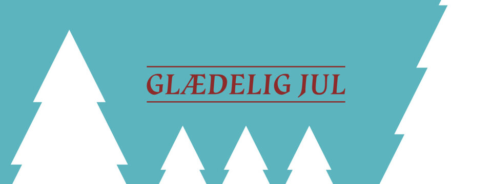Julekort p&aring; en bl&aring; baggrund. Gl&aelig;delig jul tekst med juletr&aelig;er, Vector
