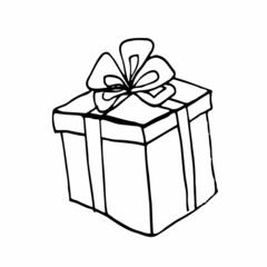 Vector hand drawn doodle line gift box. Isolated element. Birthday present.