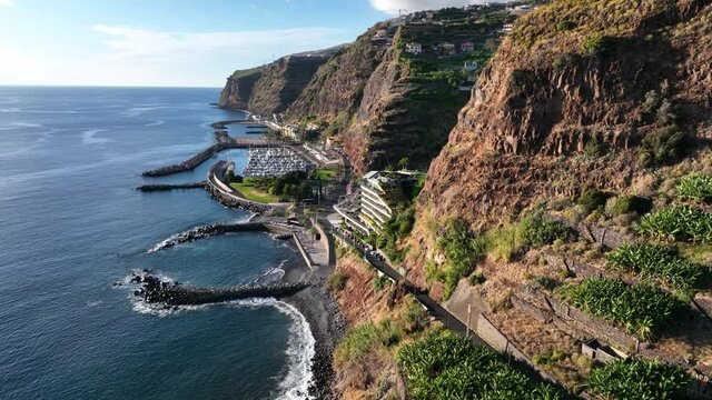 Coastline of Madeira Portugal beautifull sunny island the atlantic ocean aerial drone view. Aerial drone view.