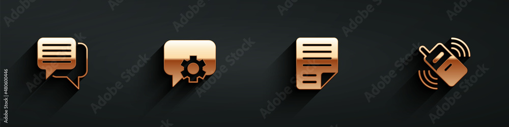 Poster set speech bubble chat, telephone 24 hours support, file document and mobile icon with long shadow. 