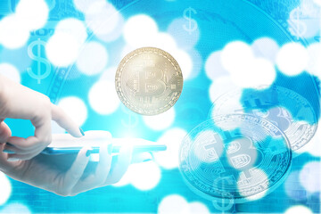 cryptocurrency smartphone app,phone in hand and bitcoin application for mining and trading crypto currency in financial stock markets