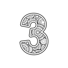 Vector Coloring page for adults. Contour black and white Number 3 on a mandala background