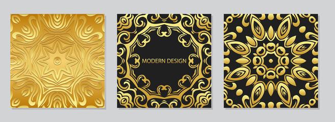 Vintage set of square embossed gold web banner backgrounds with geometric elegant 3D pattern, frame for text. Ethno-style of the peoples of the East, India, Mexico, Aztec.