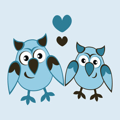 two owls in love with hearts. Cartoon birds. Pastiche. Children drawing