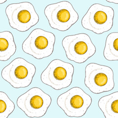 Fried eggs seamless pattern. Hand drawn vector illustration. Breakfast menu design. Cute background.