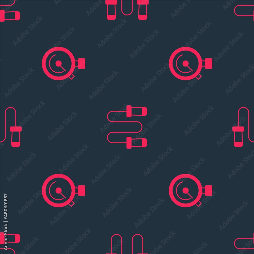 Poster set stopwatch and jump rope on seamless pattern. vector