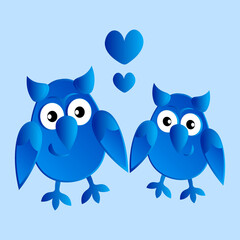 two owls in love with hearts. Cartoon birds. Pastiche. Children drawing