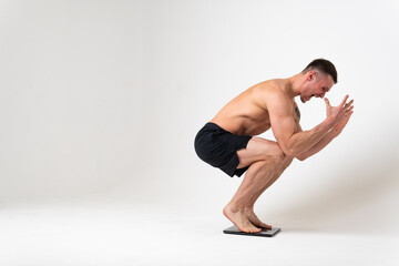 Obraz premium Man with weights health pondered, health and sports on a white background sore white young medicine, muscular chronic. Tension neck ain suffer attractive