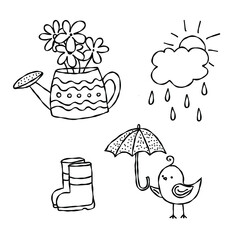 Hand drawn spring doodle. Watering can, umbrella, bird, tweet with umbrella in sketch style. Stock vector black and white seasonal set illustration. © Valentina