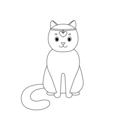 Cute cat with heart sitting and smiling. Silhouette in Doodle style, black lines, sketch. For decoration, coloring for kids, logo.