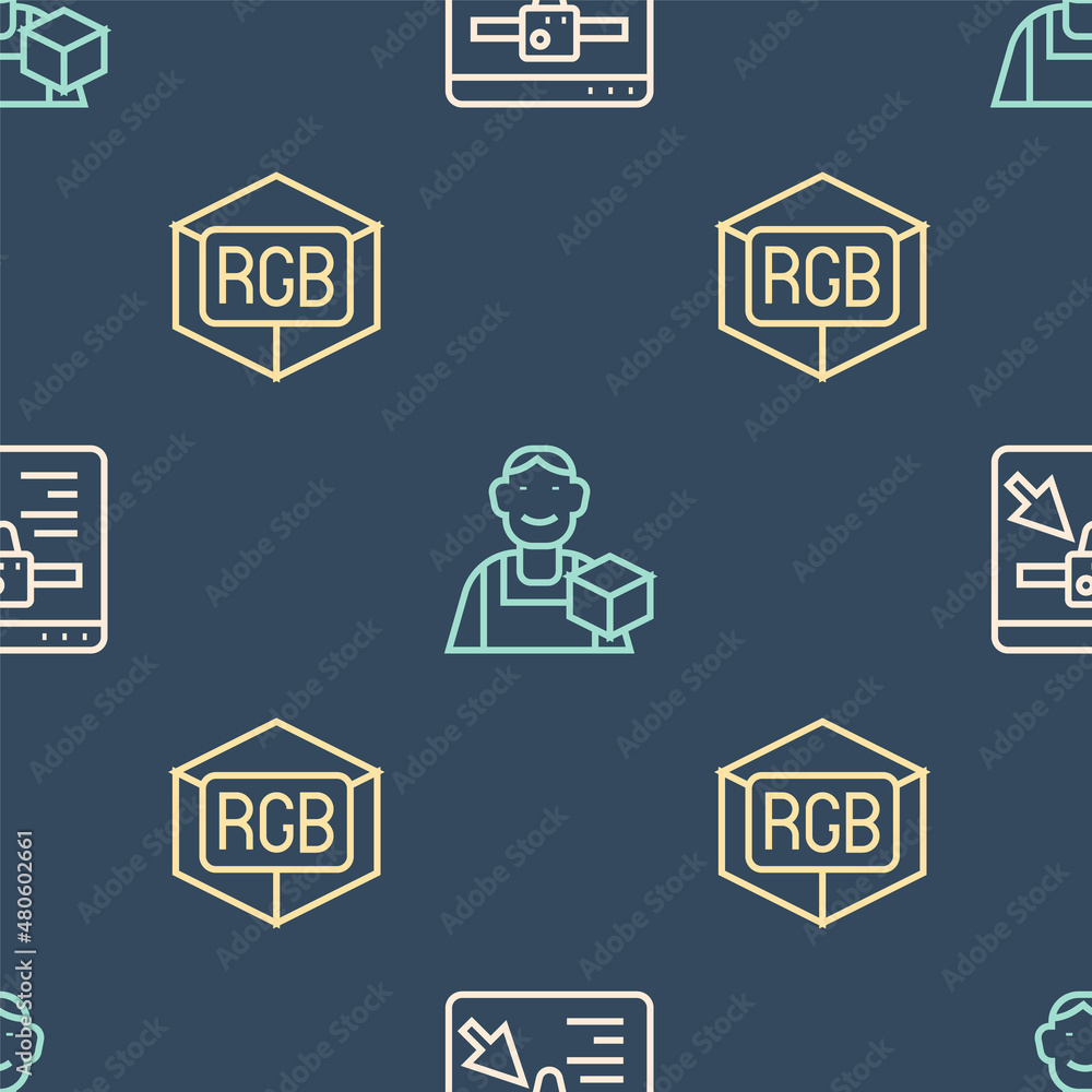 Poster set line 3d printer setting, rgb and cmyk color mixing and graphic designer on seamless pattern. vec