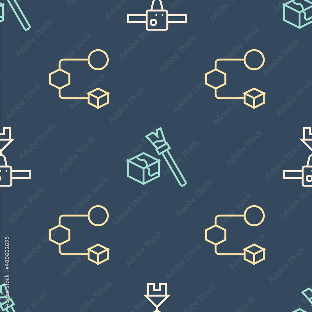 Poster set line 3d printer house, isometric cube and on seamless pattern. vector