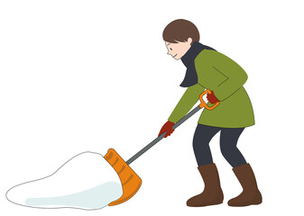 イラスト素材：笑顔で雪かきをしている女性