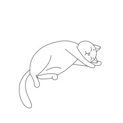 Cute cat is sleeping and smiling. Silhouette in Doodle style, black lines, sketch. For decoration, coloring for children, logo.