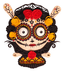 Sugar skull, with flowers, roses, on a white background, made of plasticine