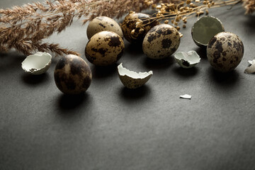 Small spotted eggs and dry pampas grass stems scattered on dark table surface easter concept